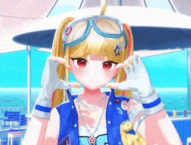 a girl wearing a blue vest and gloves with a star on her head