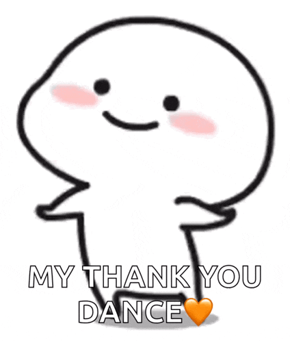 a cartoon character says " my thank you dance " with a heart in the corner