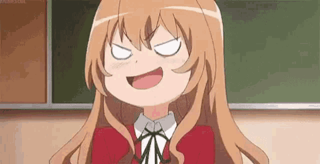 a cartoon girl with long hair is making a funny face in front of a blackboard .
