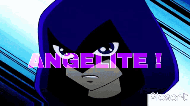 a cartoon character with a blue hood and the words angelite