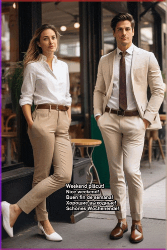 a man and a woman are standing next to each other in front of a building with the words weekend placut on the bottom