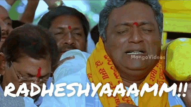a man with a yellow scarf around his neck says radheshyaaammi