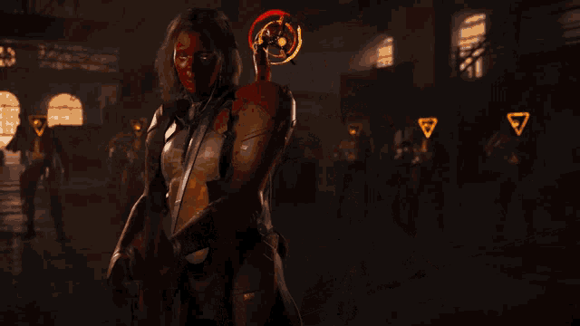 a man with red paint on his face is holding a rifle