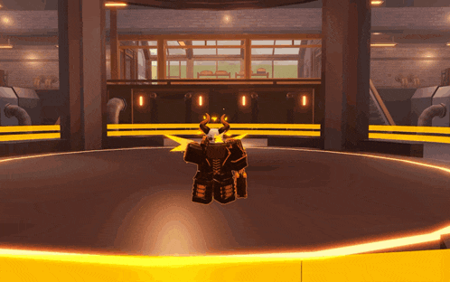 a cartoon character with horns is standing in a circle in a room