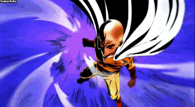 one punch man is flying through the air in a cartoon .