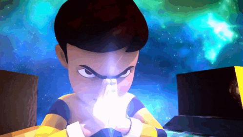 a cartoon character is holding something in his hands with a blue background