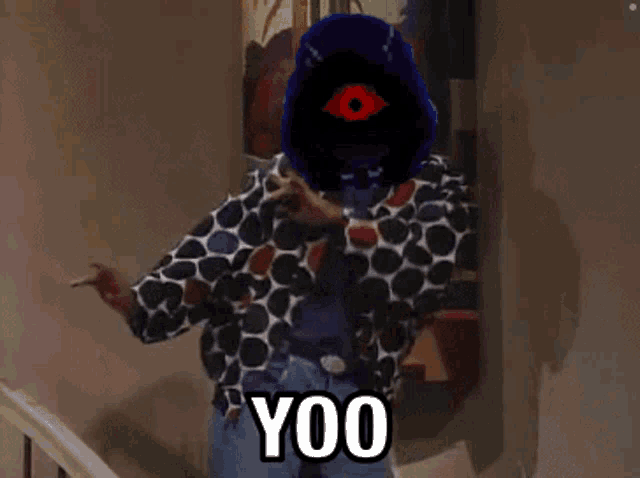 a person wearing a polka dot shirt is standing on a set of stairs and says yoo