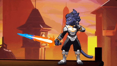 a cartoon character is holding a sword in front of a castle