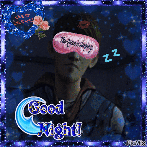 a man wearing a sleep mask with the words the queen is sleeping on it