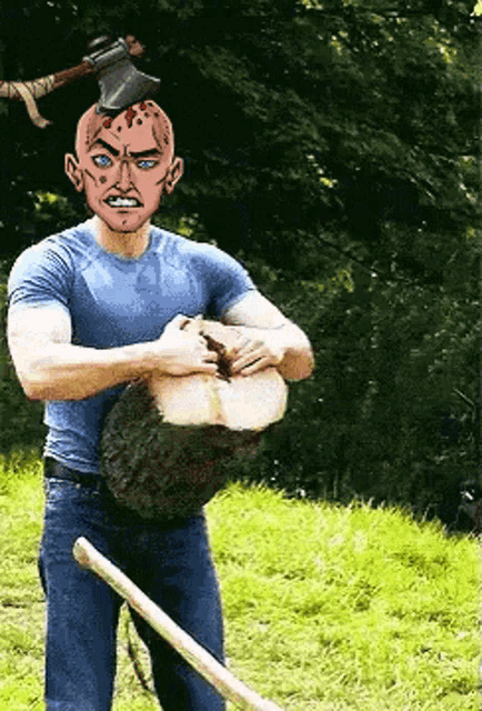 a man with an axe on his head is cutting a log