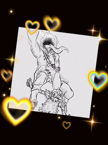 a black and white drawing of a man with a sword surrounded by hearts and stars