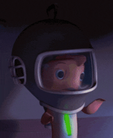 a cartoon character wearing a helmet with a green light coming out of it