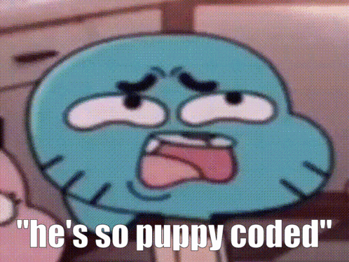 a cartoon character says " he 's so puppy coded " in a kitchen