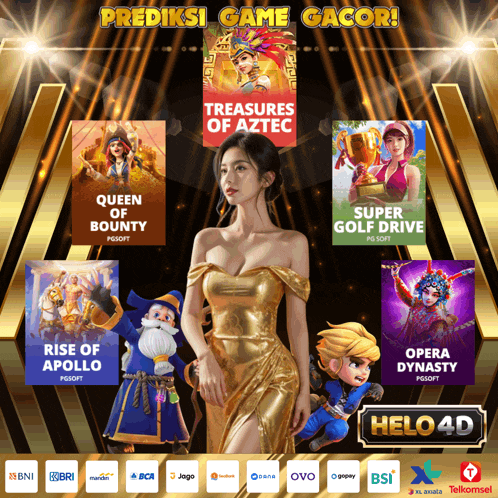 a woman in a gold dress stands in front of advertisements for various games