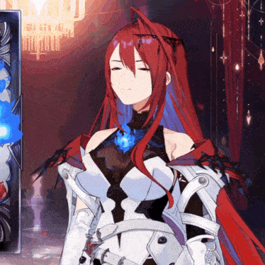 a girl with long red hair and white gloves