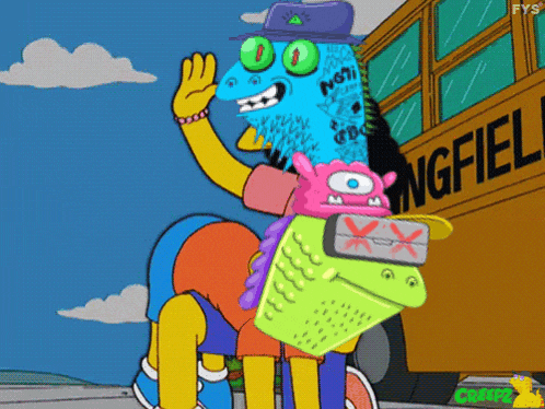 a cartoon character is standing in front of a bus that says ingfiel