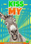 a donkey on a blue background with the words kiss my