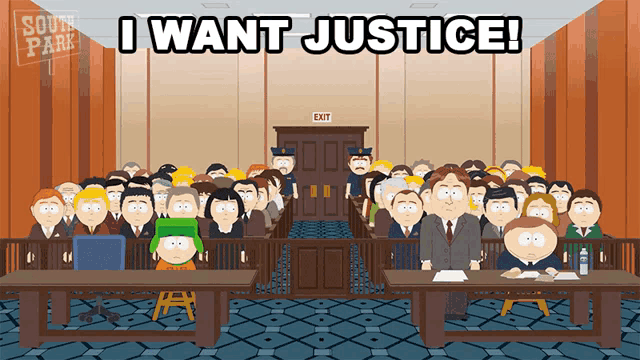 a group of people in a courtroom with the words i want justice