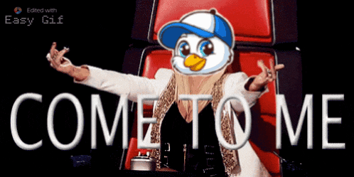 a woman in a blue hat is sitting in a chair with the words come to me below her