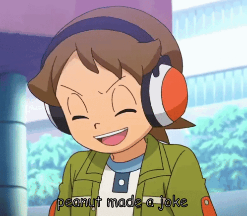 a cartoon character with headphones and the words peanut made a joke