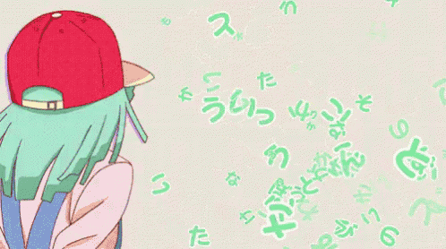 a girl with green hair is wearing overalls and a hat