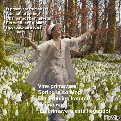a picture of a woman standing in a field of flowers with the caption vine primavera