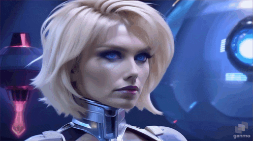 a woman with blonde hair and blue eyes is in a futuristic setting