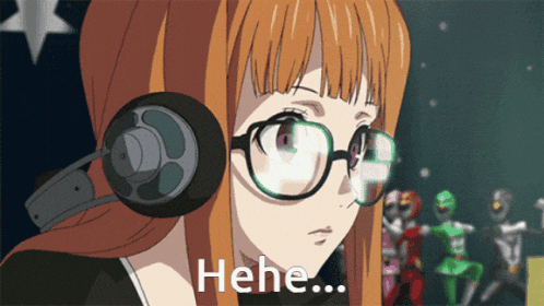 a girl wearing glasses and headphones says the word " hehe "