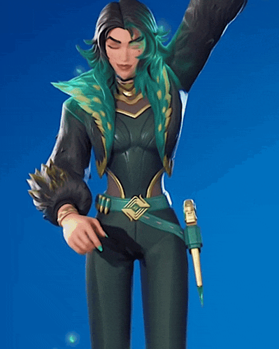 a cartoon character with green hair and a green belt