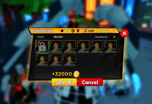 a screenshot of a game showing a collection and a sell button
