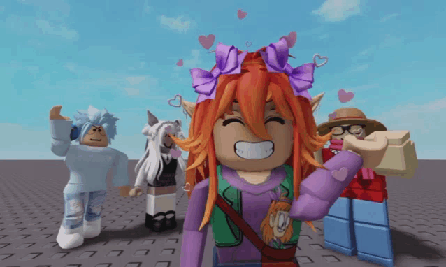 a girl with a purple bow in her hair is smiling in front of a group of roblox characters