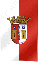a red and white flag with a crest that says sporting clube of braga