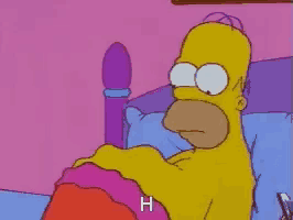 a cartoon of homer simpson laying in bed with the letter h written on the bottom