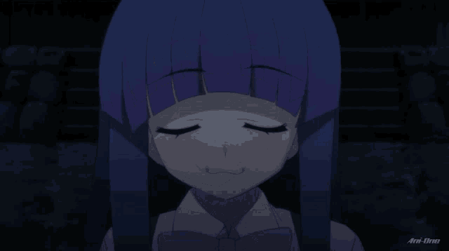 a girl with purple hair and a bow tie is smiling in the dark