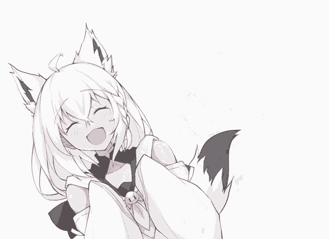 a girl with white hair and black tail is smiling