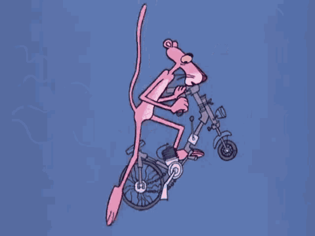 a pink panther is riding a bike on a blue sky