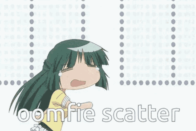 a cartoon girl with green hair is standing in front of a polka dot background .