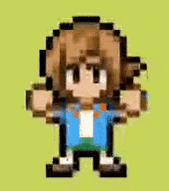 a pixel art of a person with brown hair and a blue jacket standing on a green background .