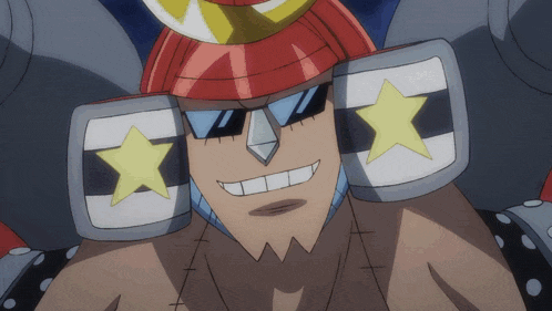 a cartoon character with a red hat and sunglasses has two stars on his arms