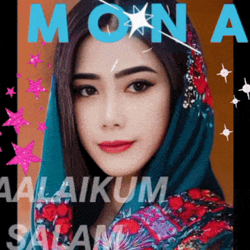 a woman wearing a blue scarf with the word mona on top