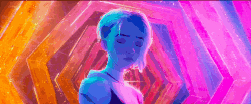 a woman is standing in a tunnel with her eyes closed in a colorful painting .