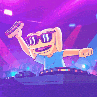 a cartoon dog wearing sunglasses and holding a hotdog