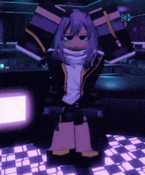 a cartoon character with purple hair is standing on a checkered floor in a dark room