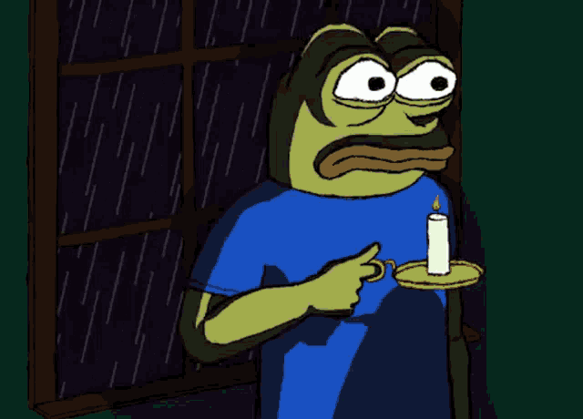 a cartoon frog is holding a candle in front of a window with a man smoking behind it