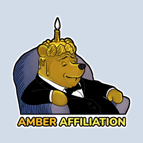 a winnie the pooh sitting in a chair with a candle on his head and the words amber affiliation