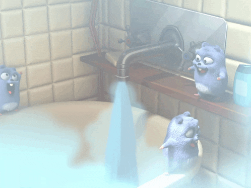 three cartoon gerbils are standing in a bathtub with a bottle of shampoo on a shelf