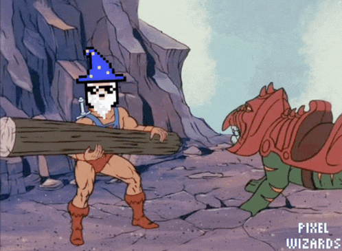 a pixel wizard is holding a large log in his hands