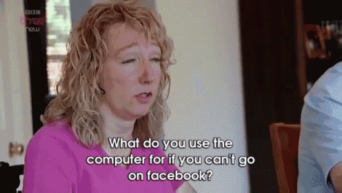 a woman in a pink shirt is asking what do you use the computer for if you can 't go on facebook ?