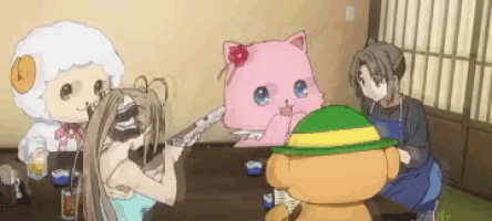 a group of anime characters are sitting around a table with a pink cat