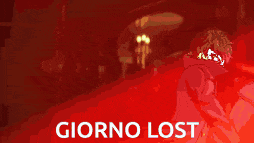a pixel art of a man holding a gun with the words giorno lost written below him